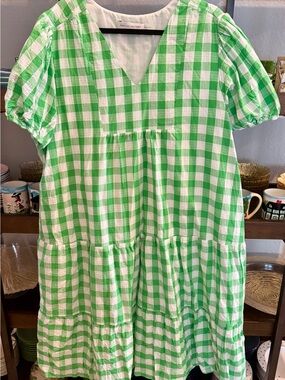 English Factory Green & White Gingham Tiered V-Neck Dress